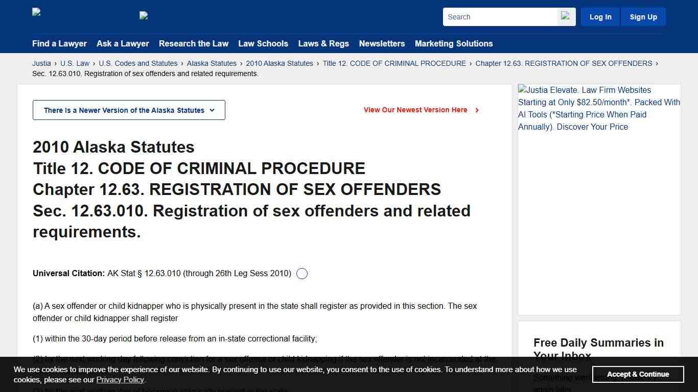 AK Stat § 12.63.010 :: Sec. 12.63.010. Registration of sex offenders and related requirements. :: 2010 Alaska Statutes :: US Codes and Statutes :: US Law :: Justia